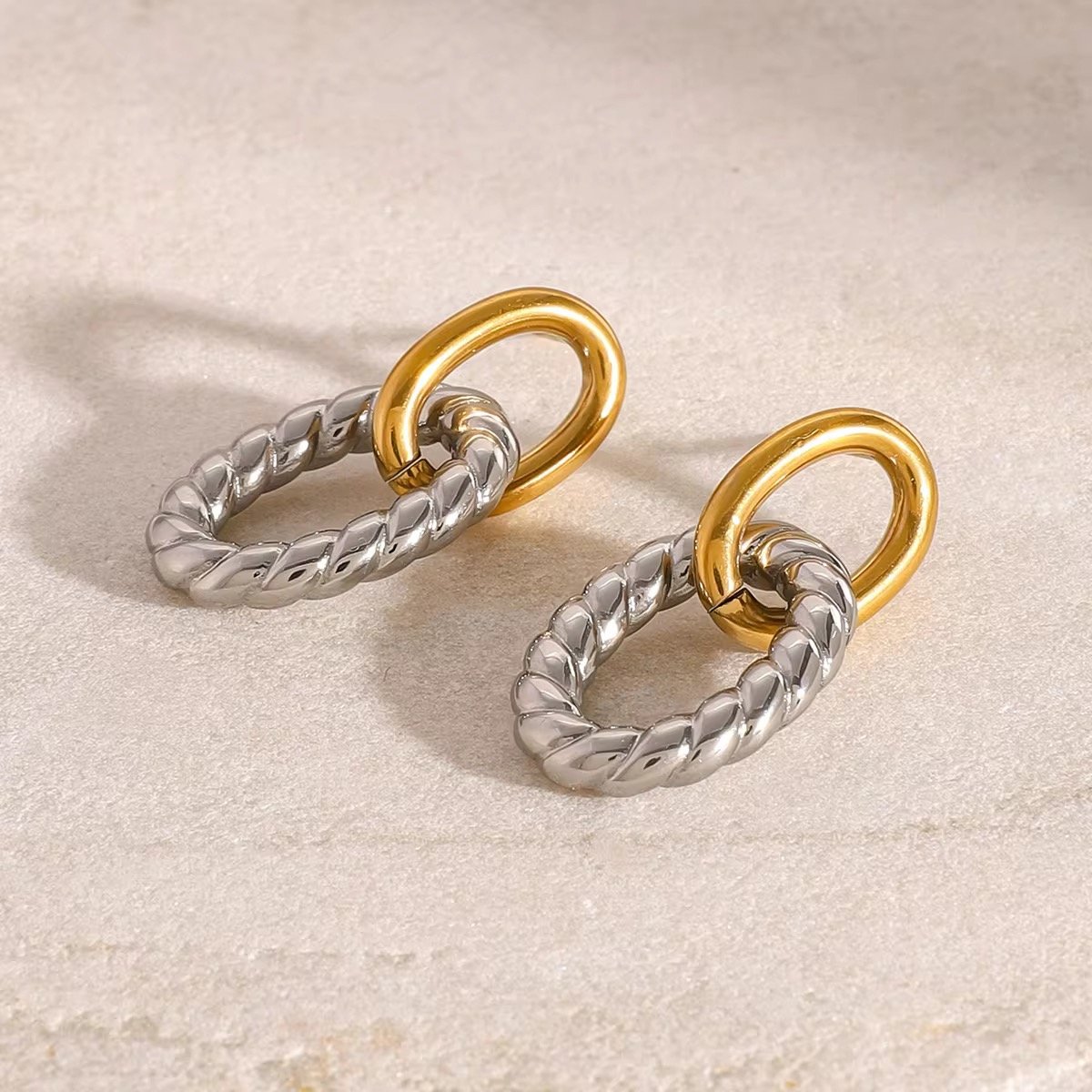 Dual Tone Double Oval Hollow Earrings 