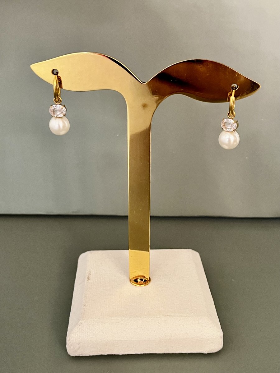 Oval Zircon Glass Pearl Huggies Hoop Earrings